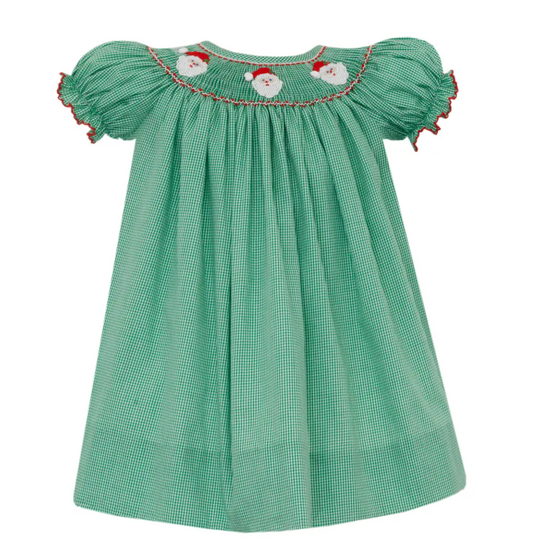 Girl's Santa Green Gingham Bishop Dress