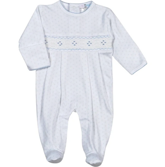 Tim Blue Dots Hand Smocked Pima Footie
