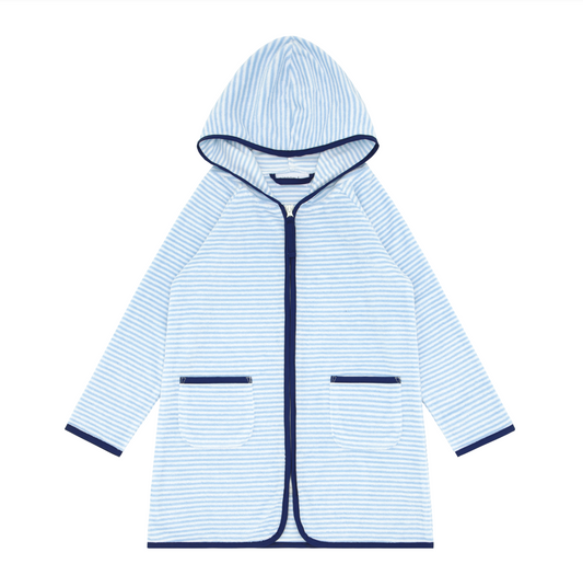 Unisex Powder Blue Stripe French Terry Hooded Zipper Coverup