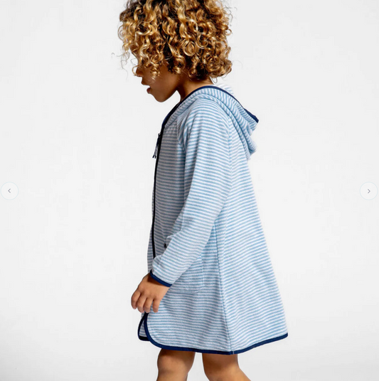 Unisex Powder Blue Stripe French Terry Hooded Zipper Coverup