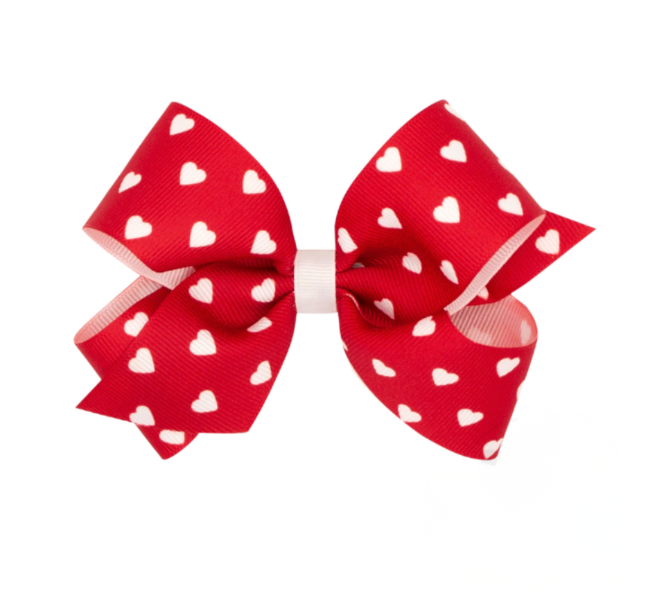Medium Valentine Hearts Print Hair Bow, Red