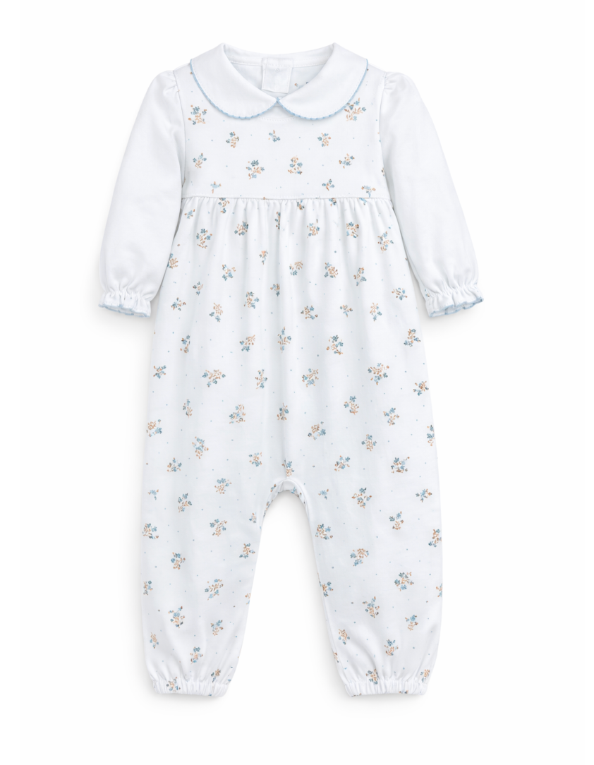 Blue Flower Print Knit Overall & Onesie Set
