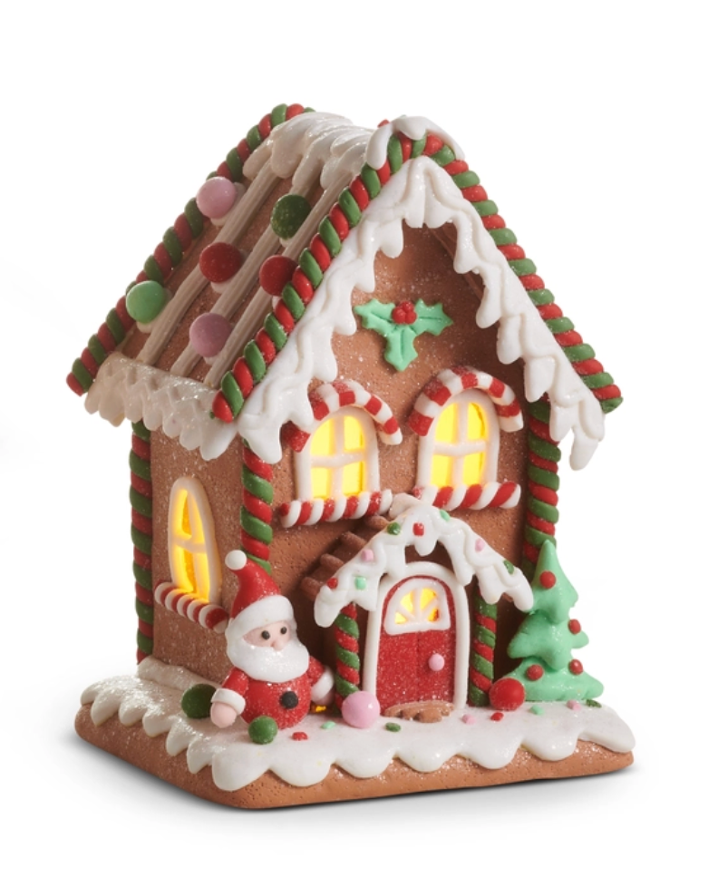 7" Lighted Gingerbread House, Santa