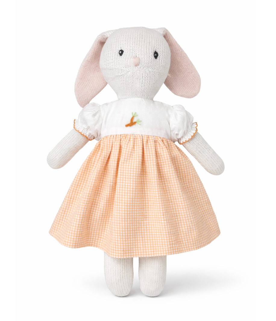 Hand-Knit Bunny Girl, Gingham Dress with Carrot