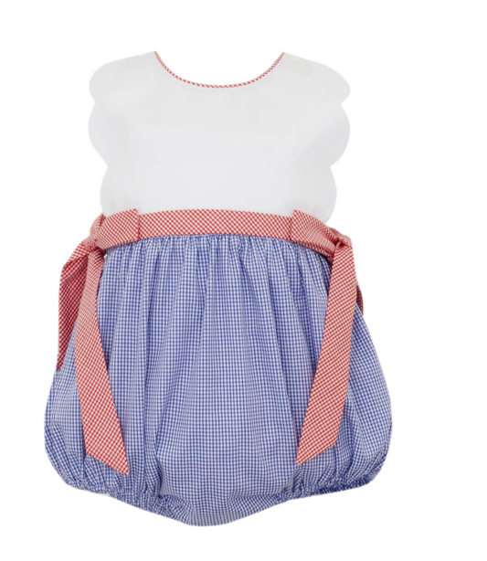 Girl's Royal Blue Gingham Scalloped Sun Bubble w/ Red Side Bows
