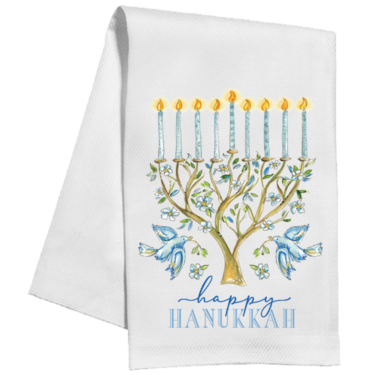Happy Hanukkah Floral Menorah with Blue Birds Kitchen Towel