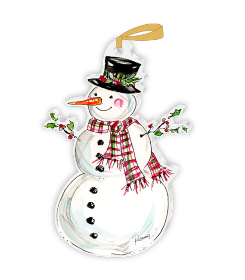 Snowman Top Hat & Red & Green Plaid Scarf Acrylic Ornament