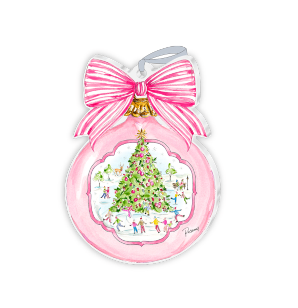 Christmas Tree & Ice Skating with Pink Bow Acrylic Ornament