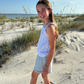 Knit Tank Top with Shoulder Ties, White with Blue