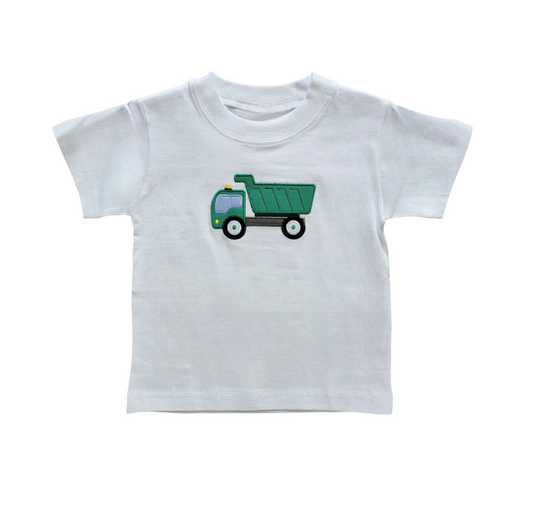 Boy's Short Sleeve Green Dump Truck Applique White T-Shirt