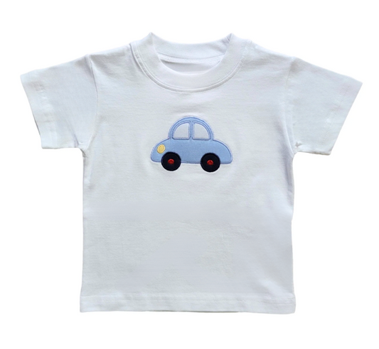 Boy's Short Sleeve White T-Shirt with Blue Car Applique