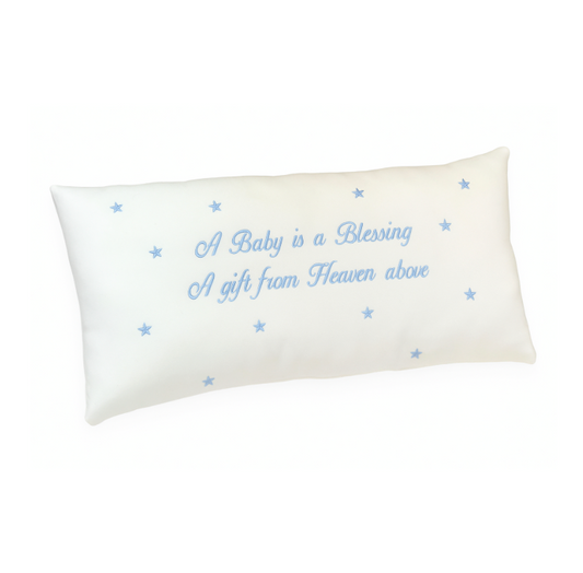 Baby is a Blessing Pillow, White with Blue