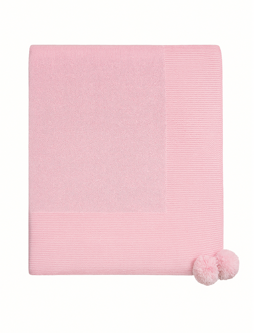 Knit Baby Blanket with Pompoms, Pink