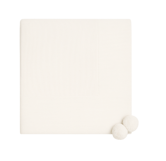 Knit Baby Blanket with Pompoms, Cream