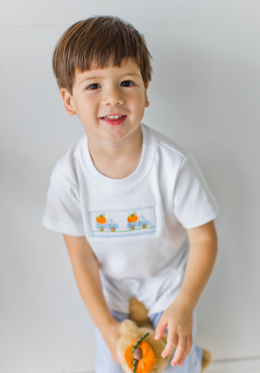 Boy's Pumpkin Truck Smocked Blue Gingham Short Set