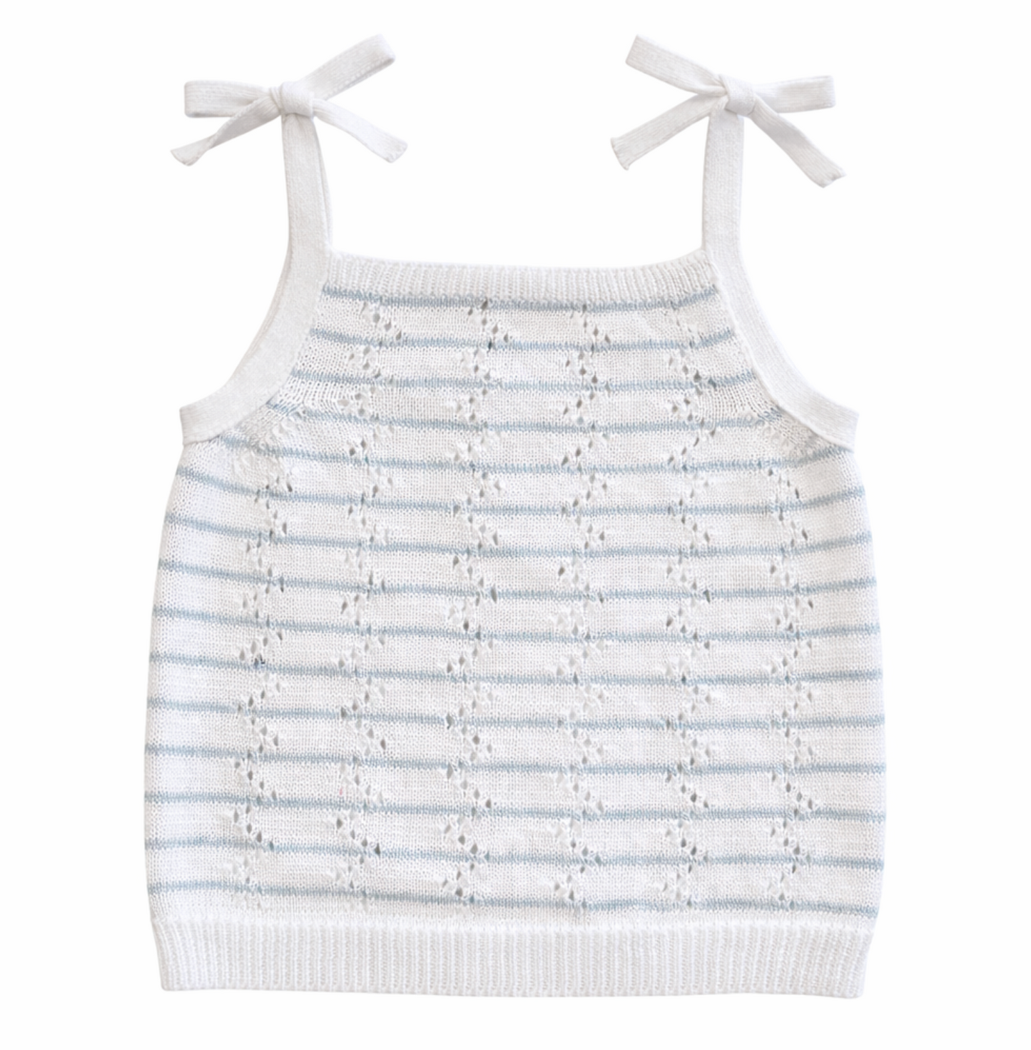 Knit Tank Top with Shoulder Ties, White with Blue