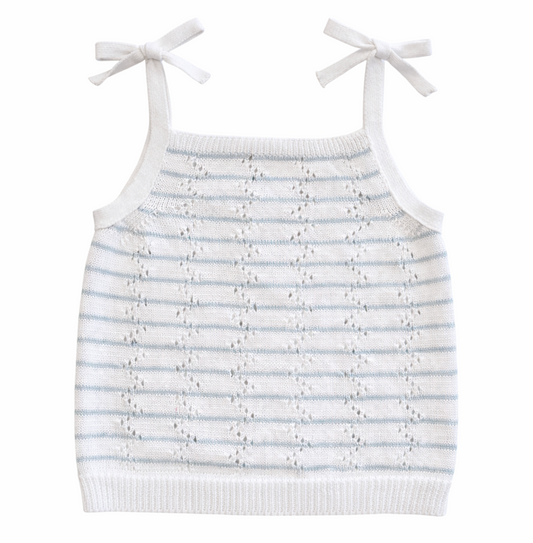 Knit Tank Top with Shoulder Ties, White with Blue