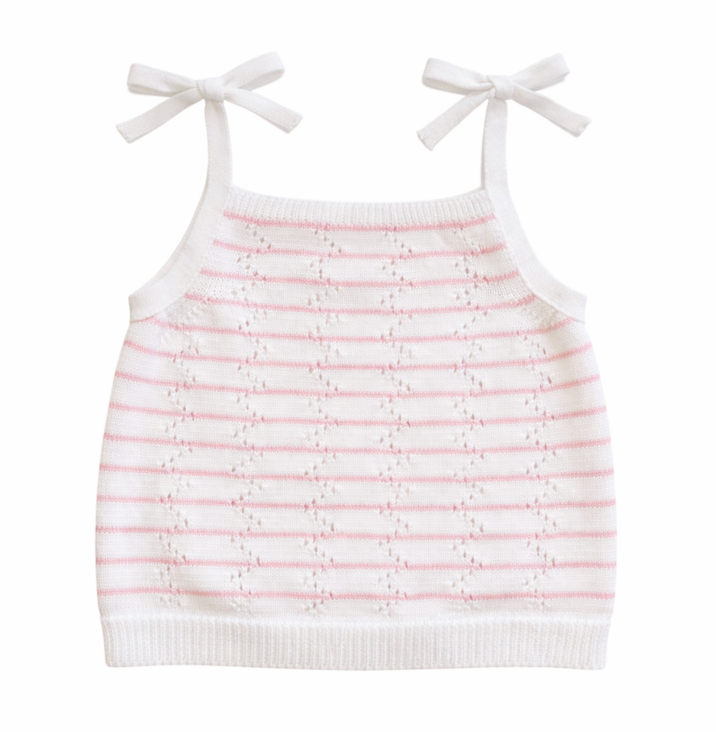 Knit Tank Top with Shoulder Ties, White with Pink