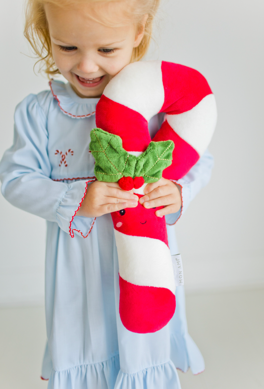 Red Velour Candy Cane with Holly Leaves