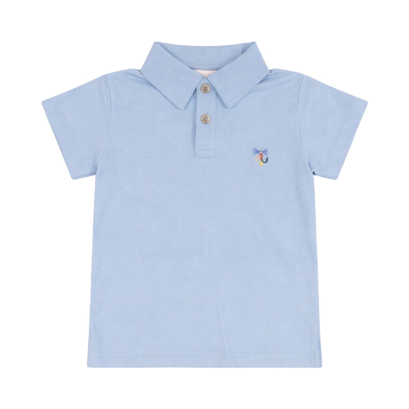 Light blue polo shirt with a small logo on a white background