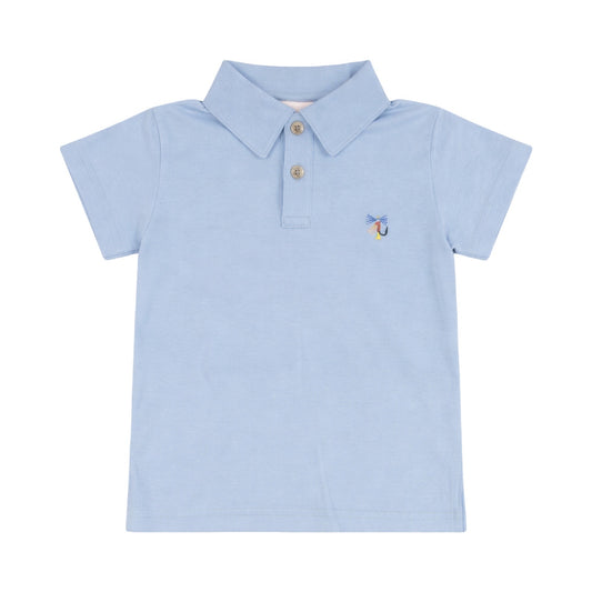 Light blue polo shirt with a small logo on a white background