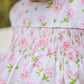 Little English traditional children's clothing.  White sleeveless smocked bubble with pink and green florals for baby girls