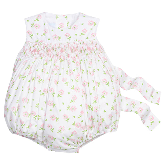 Little English traditional children's clothing.  White sleeveless smocked bubble with pink and green florals for baby girls