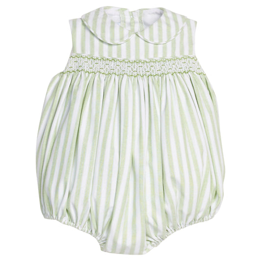 Little English traditional children's clothing.  Classic sleeveless smocked peter pan bubble with soft green and white stripes for baby boys