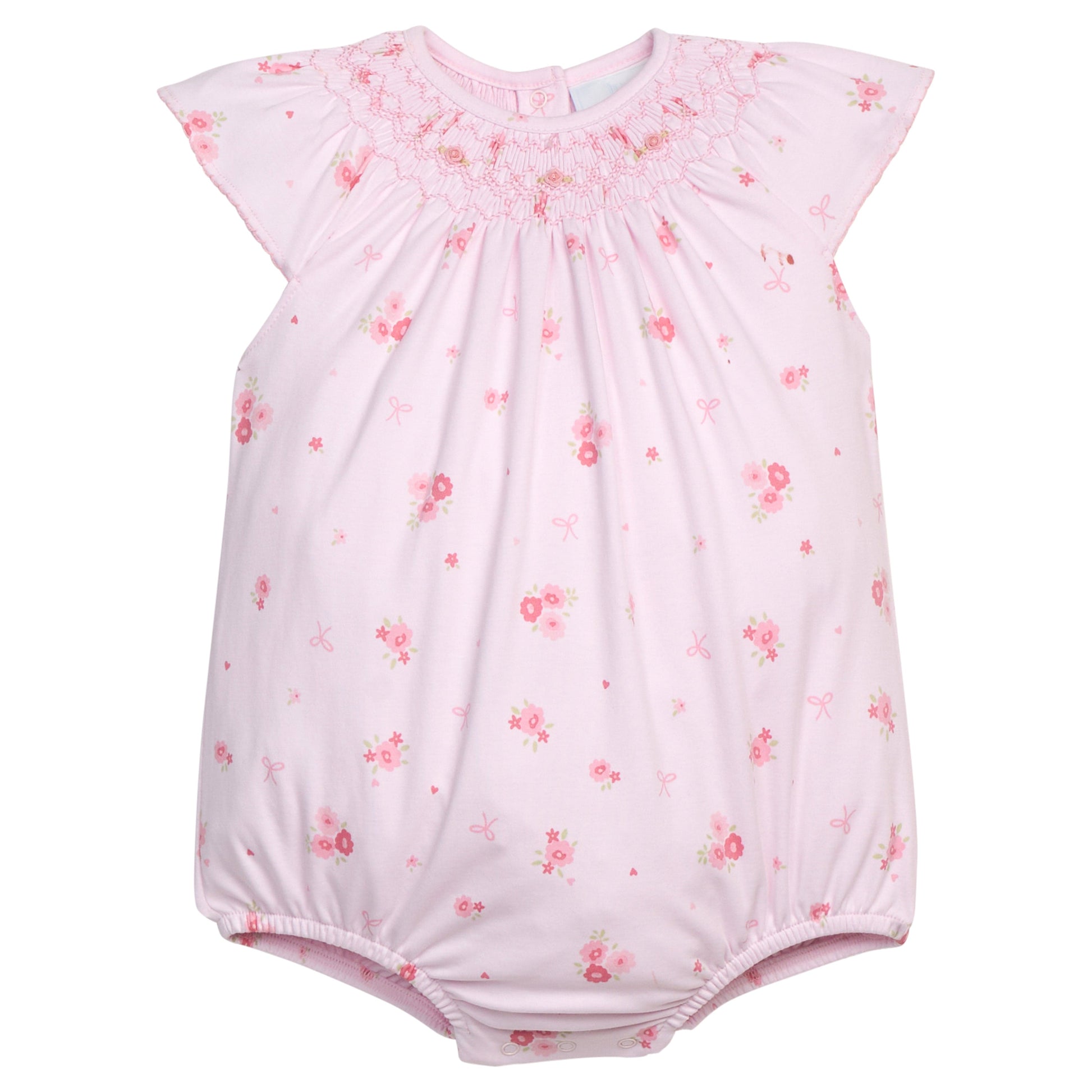 Little English classic smocked bishop bubble in light pink with primrose floral motifs, smocking around neckline, snaps at bottom, for baby girl 