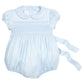 Little English classic smocked emery bubble in light blue with white detailing, smocking around chest, tieable in back, for little girl 