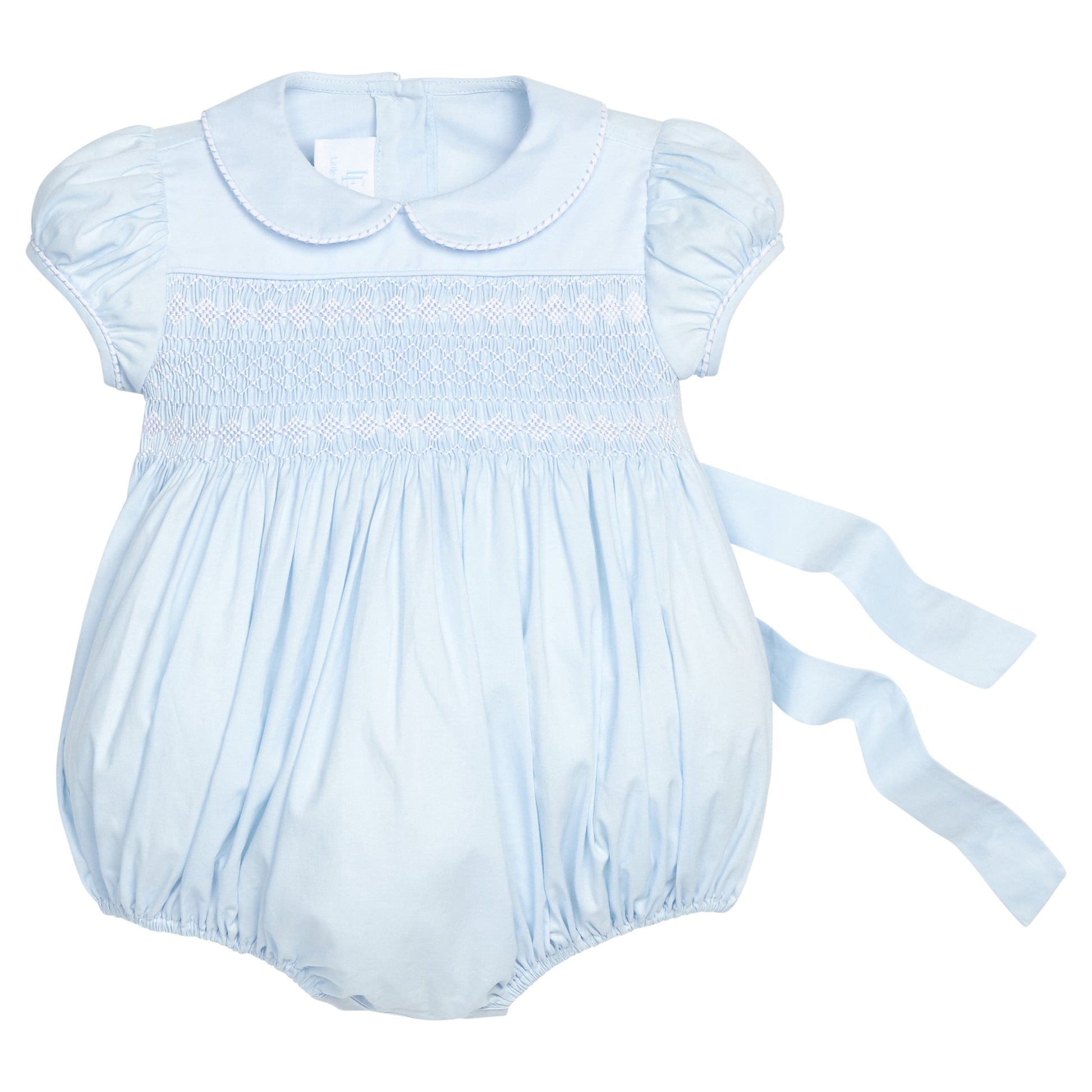 Little English classic smocked emery bubble in light blue with white detailing, smocking around chest, tieable in back, for little girl 