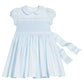 Little English classic smocked emery dress in light blue with white detailing, smocking around chest, tieable in back, for little girl 