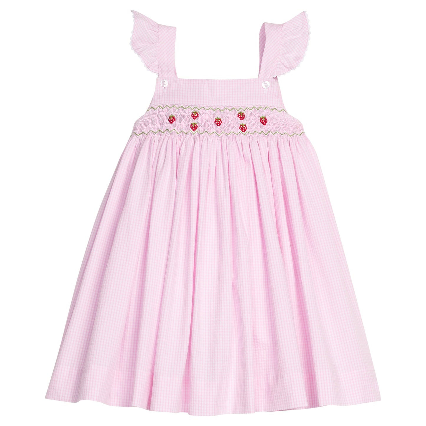 Little English traditional children's clothing.  Light pink seersucker gingham dress for little girls with flutter sleeves and strawberry smocking across the chest