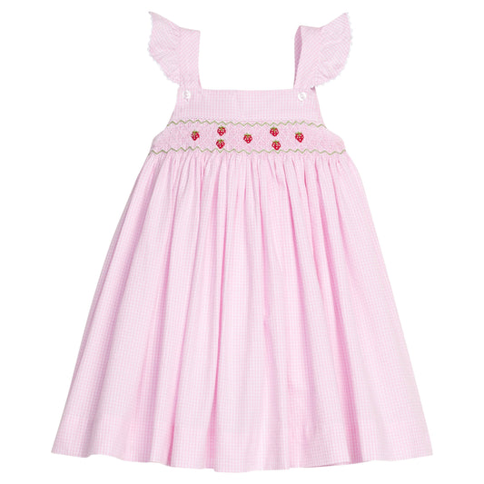 Little English traditional children's clothing.  Light pink seersucker gingham dress for little girls with flutter sleeves and strawberry smocking across the chest