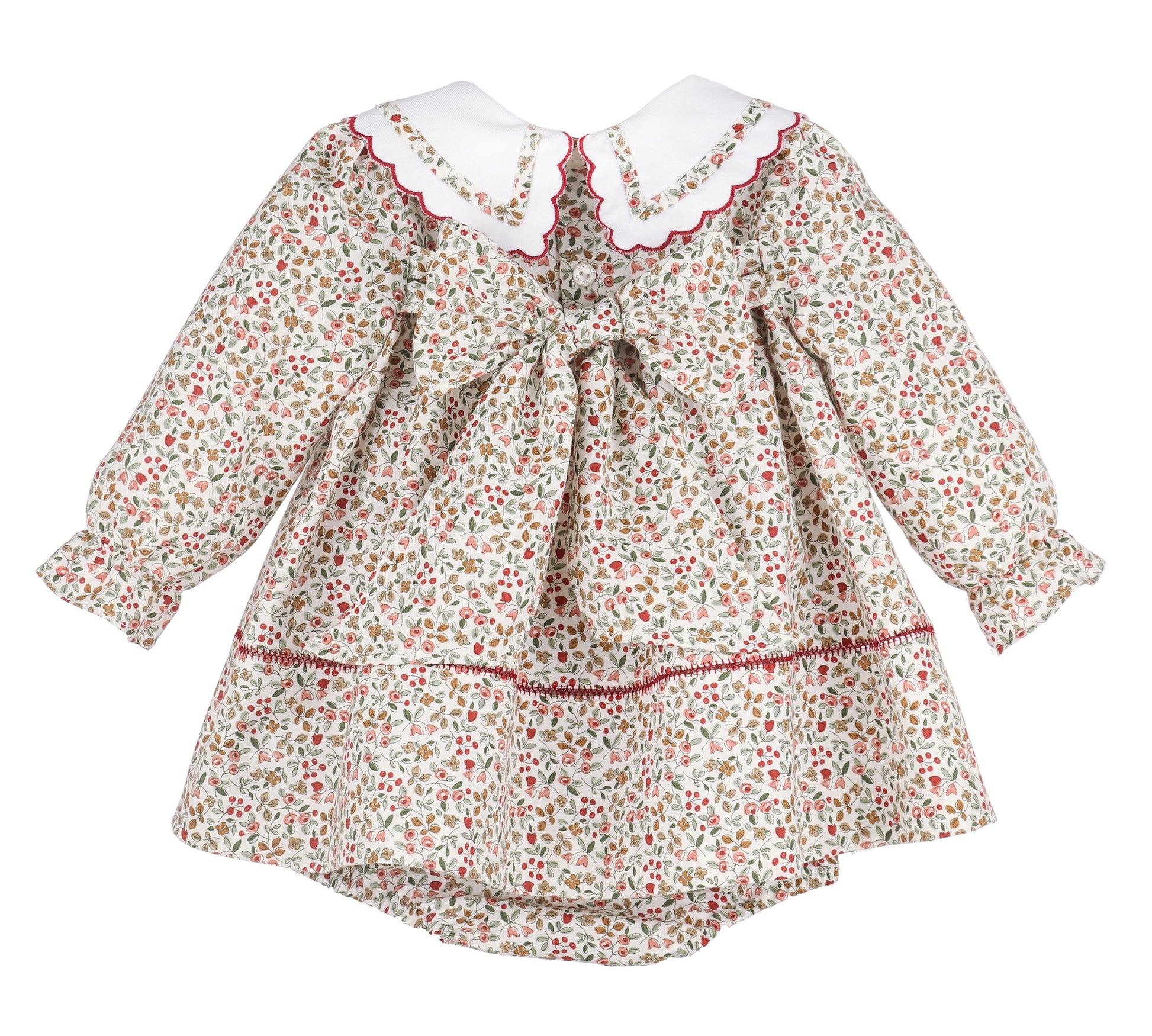 Floral baby dress with a white collar on a white background