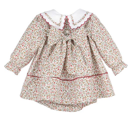 Floral baby dress with a white collar on a white background