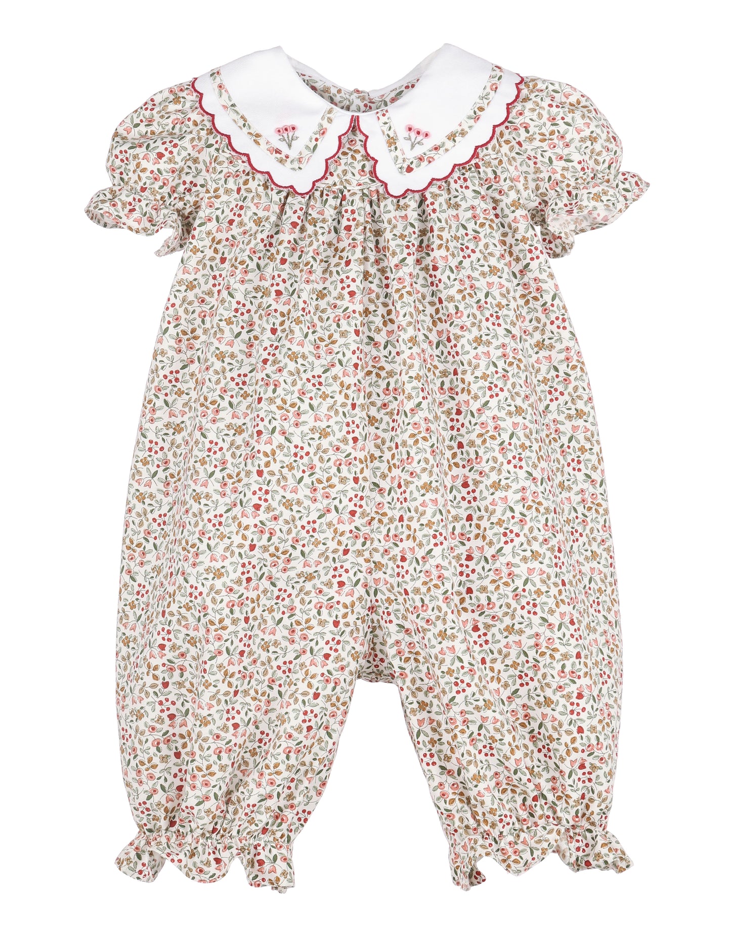 Floral baby romper with a white collar on a white background