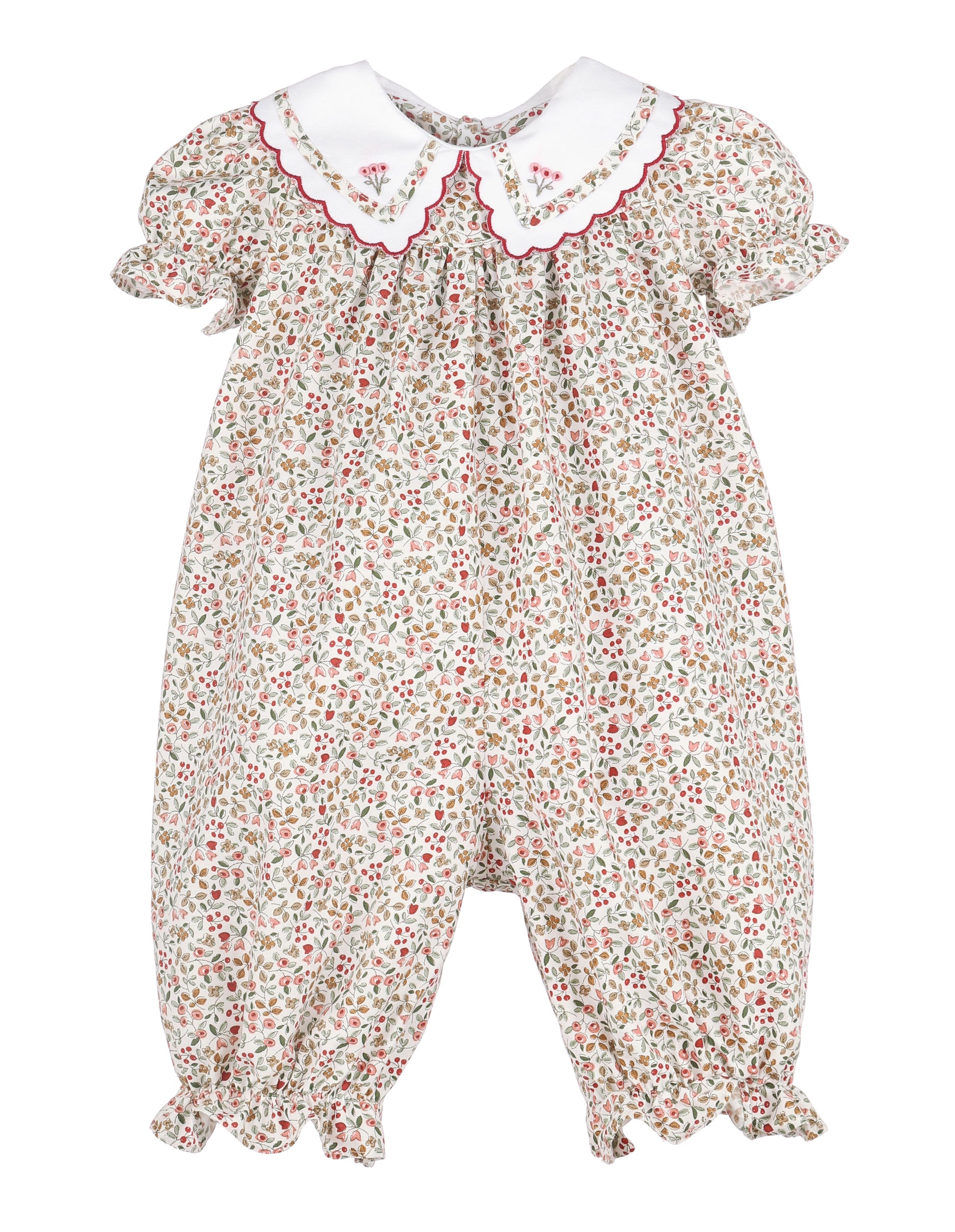 Floral baby romper with a white collar on a white background
