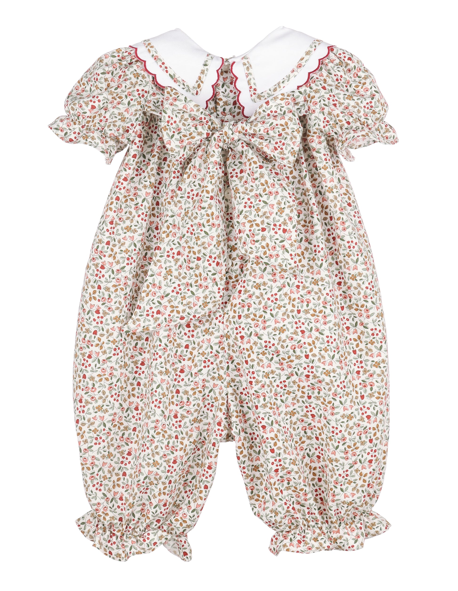 Floral baby romper with ruffled sleeves on a white background