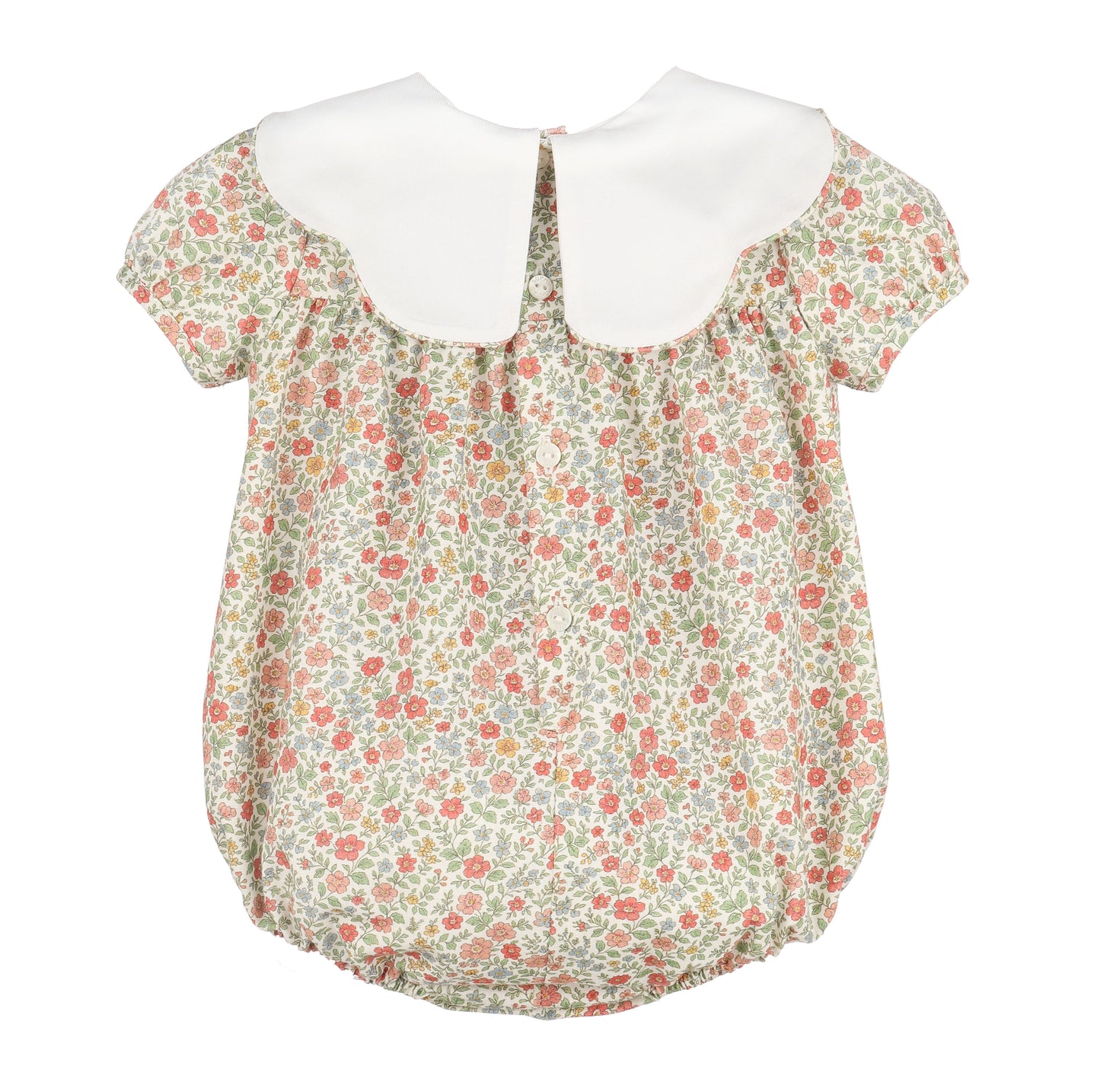 Floral baby romper with white collar on a white background