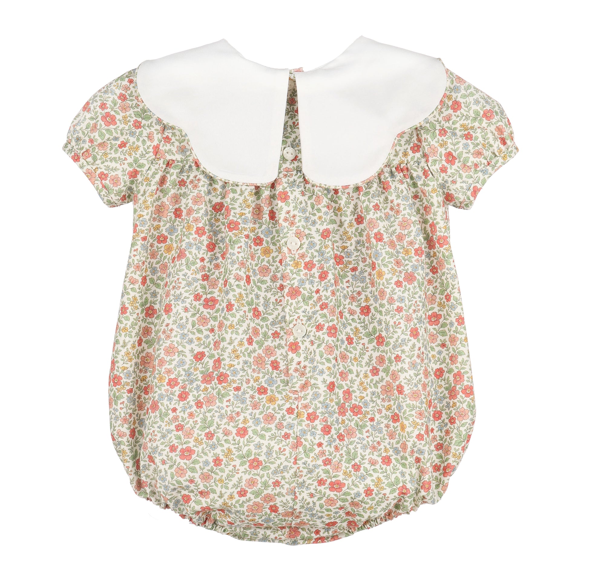 Floral baby romper with white collar on a white background