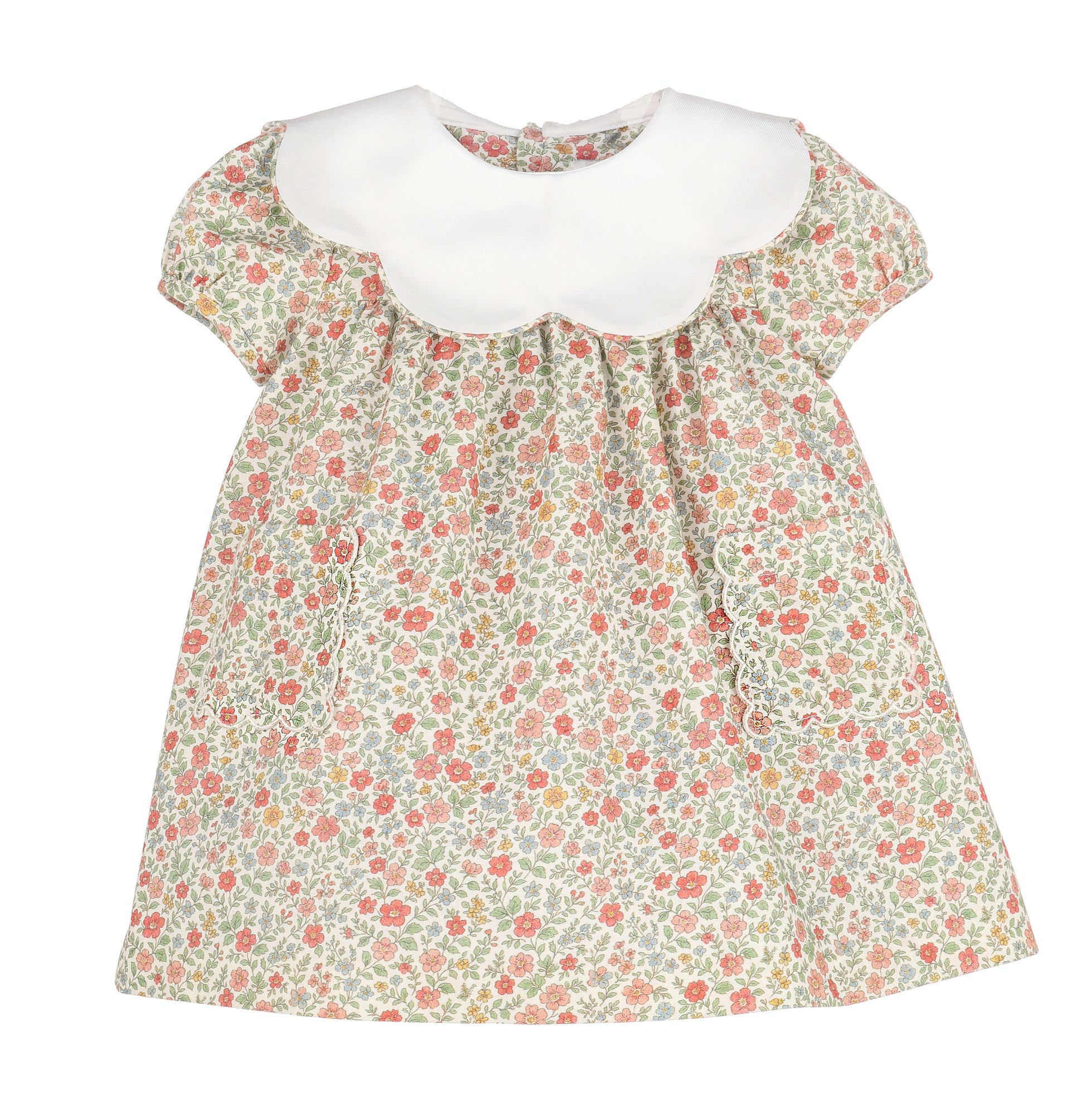 Floral dress with a white collar on a white background