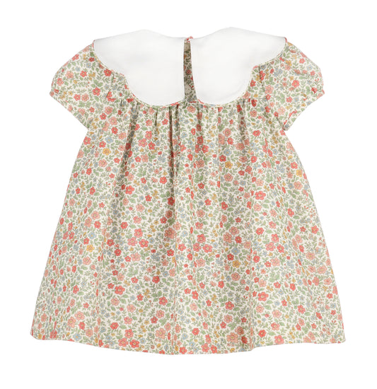 Floral dress with a white collar on a white background