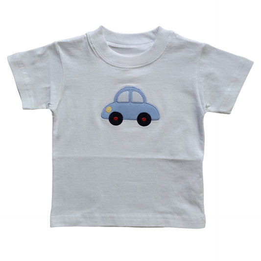 Boy's Short Sleeve Blue Car Applique White T-Shirt