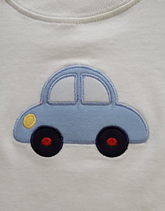 Boy's Short Sleeve White T-Shirt with Blue Car Applique