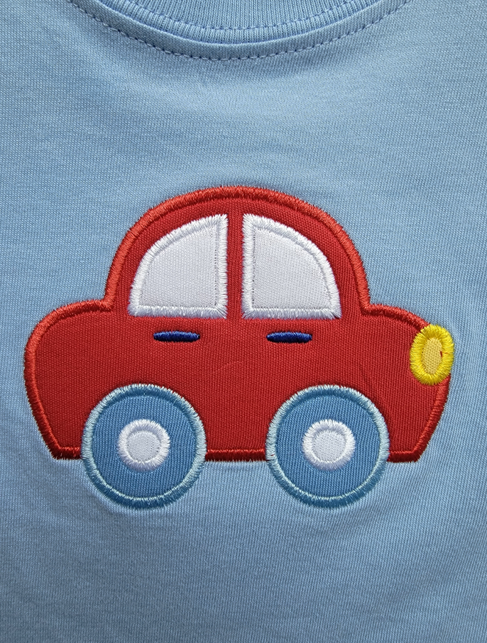 Boy's Short Sleeve Red Car Applique Blue T-Shirt