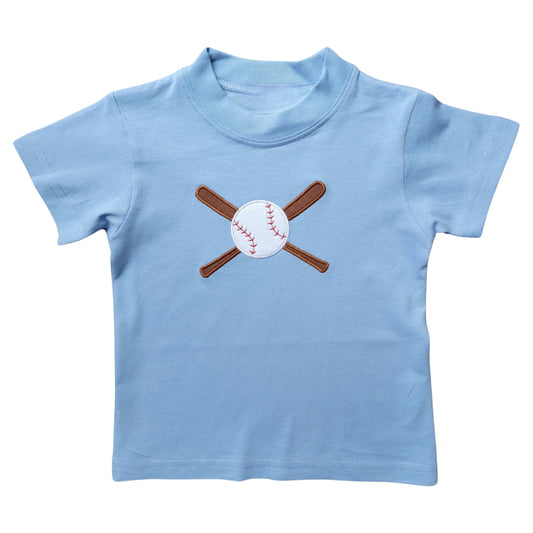Boy's Short Sleeve Baseball Applique Blue T-Shirt