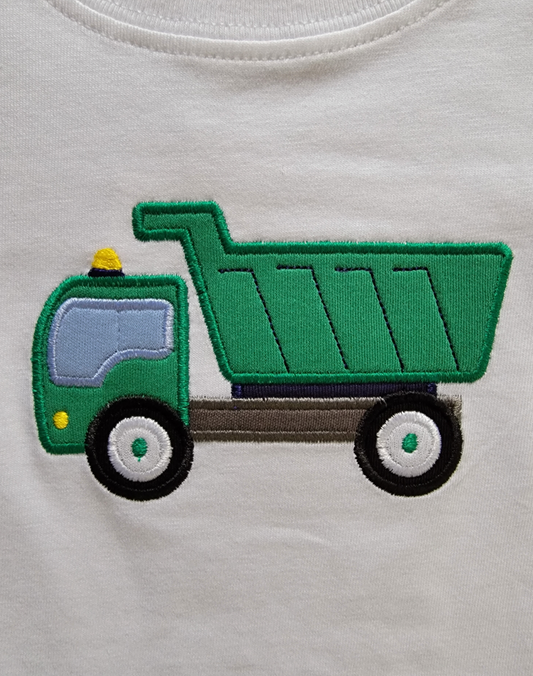 Boy's Short Sleeve Green Dump Truck Applique White T-Shirt