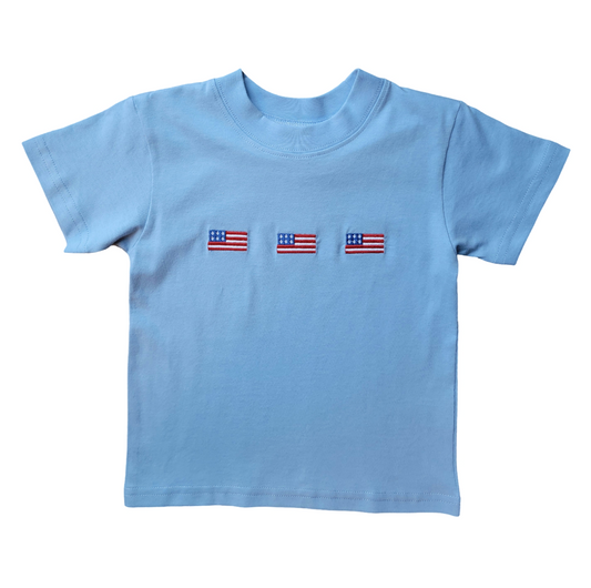 Boy's Short Sleeve 3 Flags Embroidered Sky Blue T-Shirt