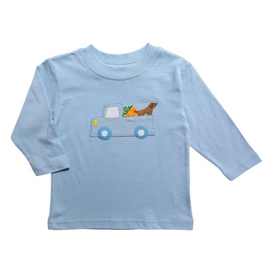 Boy's Sky Blue Long Sleeve Pumpkin Truck with Dog T-Shirt